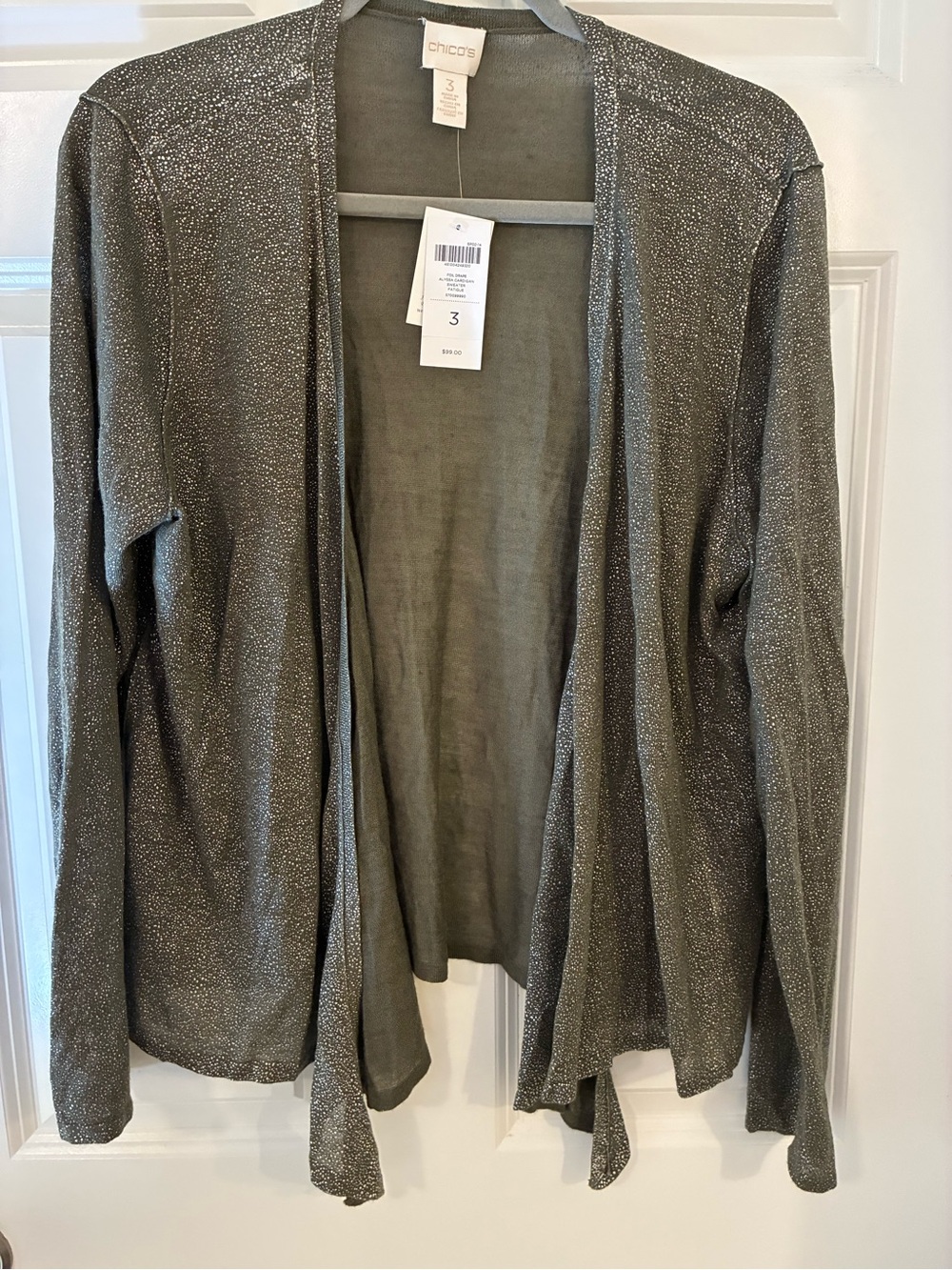 NEW! Chico's Foil Drape Alyssa Silver Sparkle Open-Front Women's Sweater 3 XL